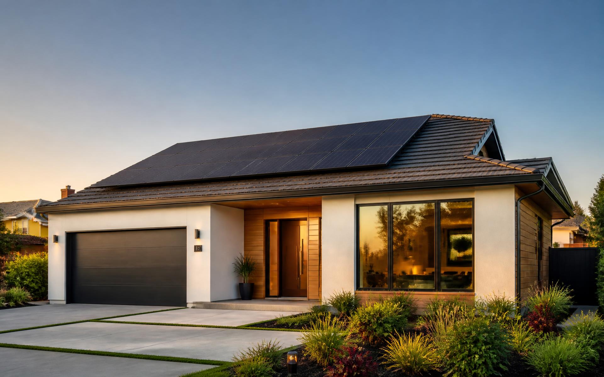 Canadian home with rooftop solar panels at sunset